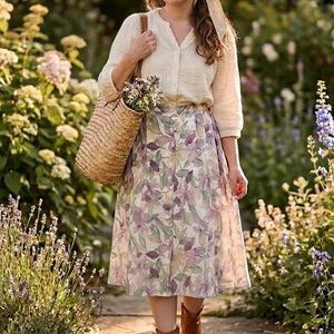 Vintage Floral Button Down Midi Skirt Boho Cottagecore Aesthetic Pastel Purple